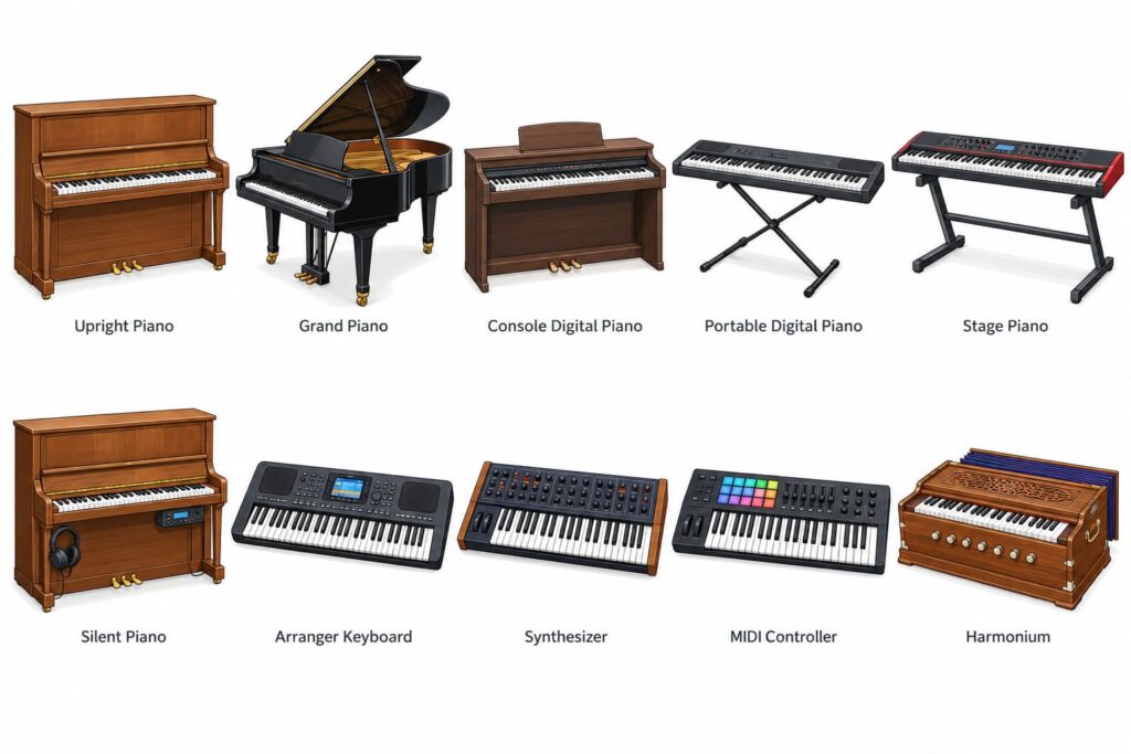 Ten piano and keyboard types, including upright, grand, digital and stage pianos, synthesizer, MIDI controller and harmonium.